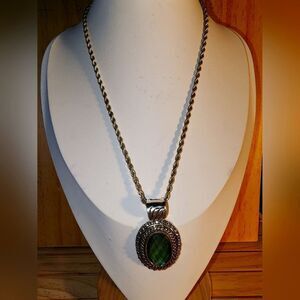 Silver Tone and Green Center Oval Lucite Pendant NWOT